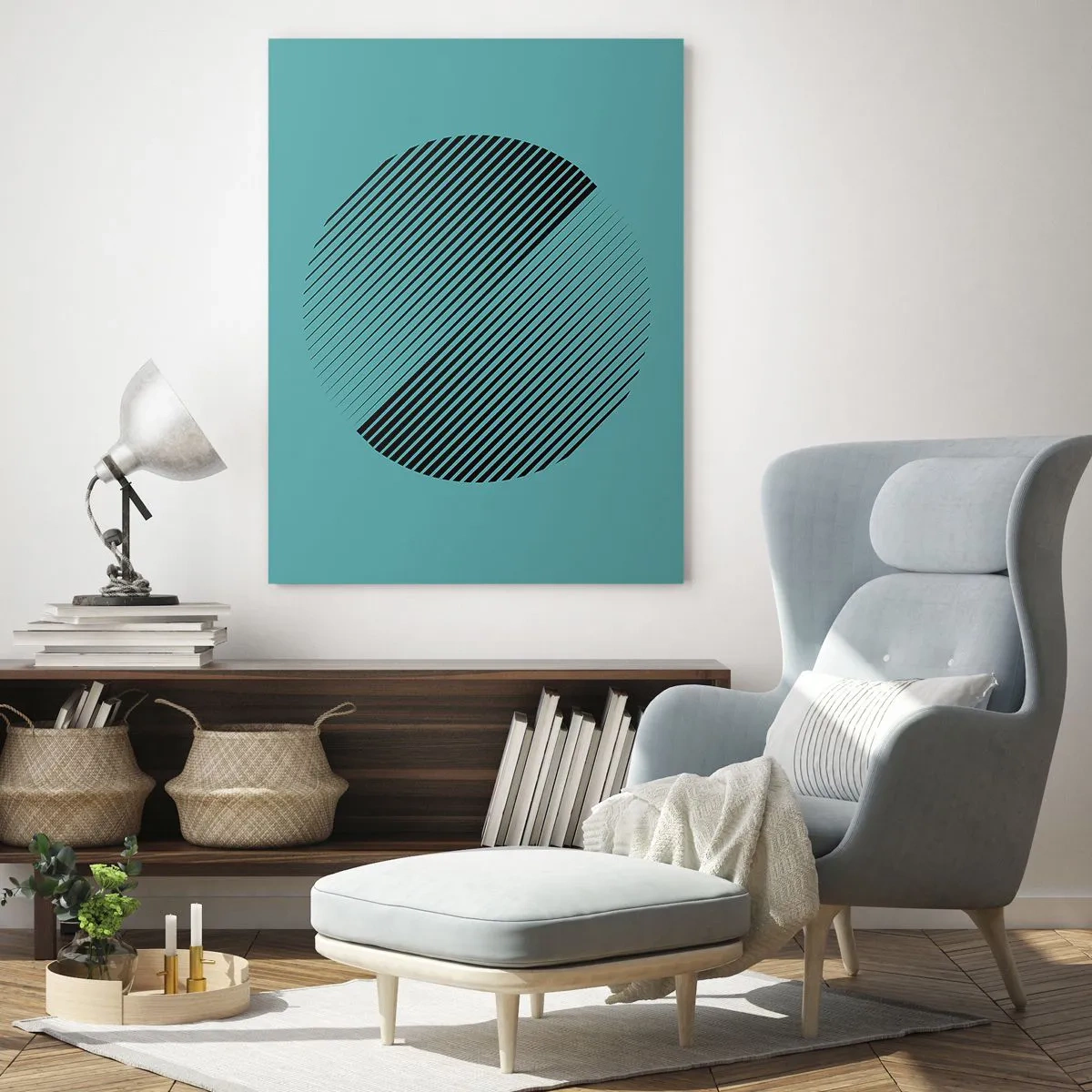 Cuadro sobre vidrio - Impresiones sobre Vidrio - Líneas negras que forman un círculo sobre un fondo turquesa. - 50x70cm - El círculo: una variación geométrica - Decoración de pared moderna para salón y dormitorio ARTTOR