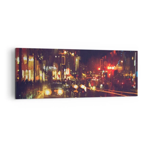 Cuadro sobre lienzo - Impresión de Imagen - Escena nocturna de la ciudad con luces de colores y reflejos en la calle. - 140x50cm - Hundido en la luz de la noche - Decoración de pared moderna para salón y dormitorio ARTTOR