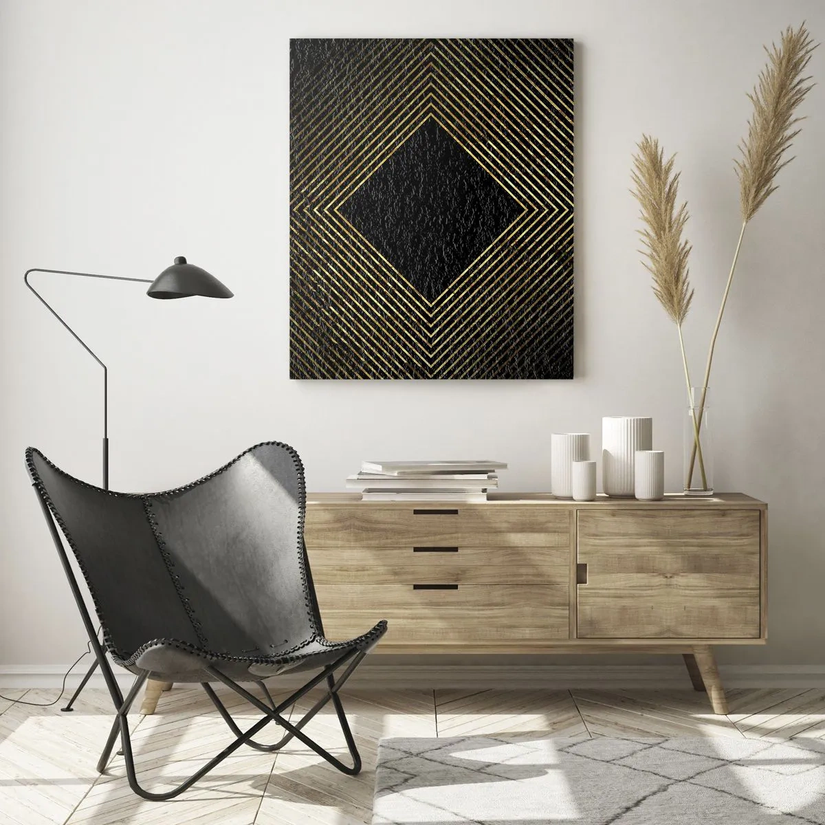 Cuadro sobre vidrio - Impresiones sobre Vidrio - Fondo negro con un patrón geométrico de líneas doradas. - 70x100cm - Geometría al estilo glamour - Decoración de pared moderna para salón y dormitorio ARTTOR