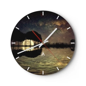 Reloj de pared - Reloj de vidrio - Paisaje con lago, árboles y cielo estrellado por la noche. - 30x30cm - Noche en el fin del mundo - Decoración de pared moderna para salón, cocina y dormitorio ARTTOR