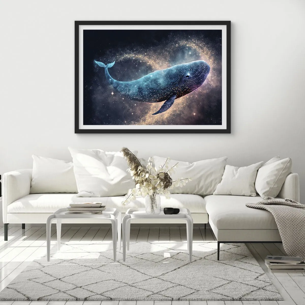 Póster en marco negro - Una ballena espacial con una galaxia al fondo. - 70x50cm - Existe un mundo diferente - Decoración de pared moderna para salón y dormitorio ARTTOR