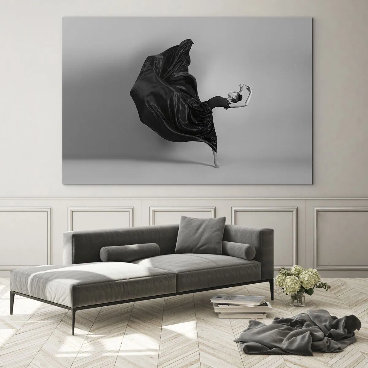 Cuadro sobre vidrio - Impresiones sobre Vidrio - Una bailarina con un vestido negro flotando dinámicamente en el aire. - 70x50cm - La música da alas - Decoración de pared moderna para salón y dormitorio ARTTOR