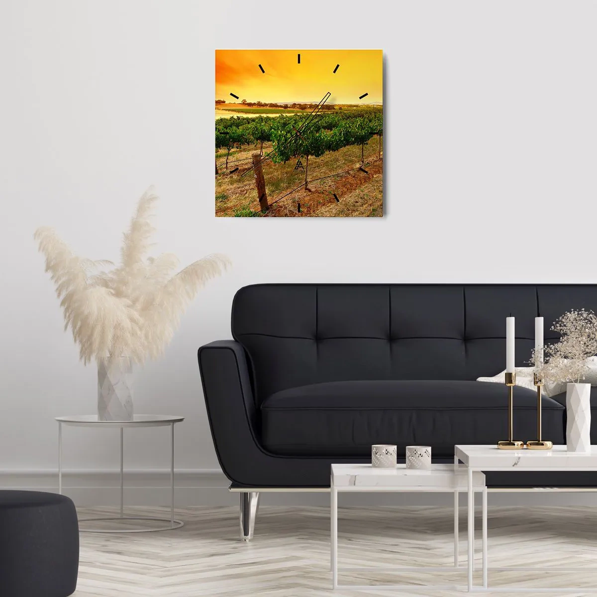 Reloj de pared - Reloj de vidrio - Vides en una plantación al atardecer dorado - 30x30cm - Un trago del sol - Decoración de pared moderna para salón y dormitorio ARTTOR