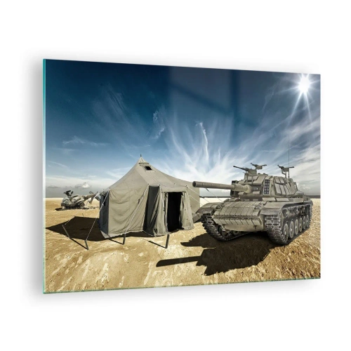 Cuadro sobre vidrio - Impresiones sobre Vidrio - Un tanque y una tienda de campaña en un fondo desértico bajo un cielo azul. - 70x50cm - Campaña militar - Decoración de pared moderna para salón y dormitorio ARTTOR