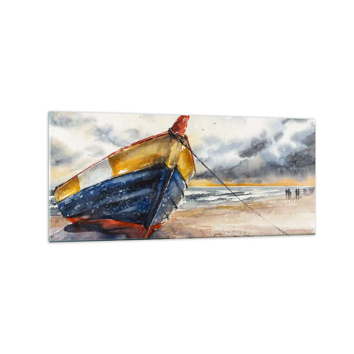 Cuadro sobre vidrio - Impresiones sobre Vidrio - Un pintoresco barco en la playa bajo un cielo nublado. - 120x50cm - Descansando en la orilla - Decoración de pared moderna para salón y dormitorio ARTTOR