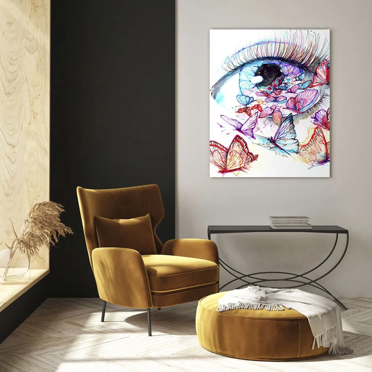 Cuadro sobre vidrio - Impresiones sobre Vidrio - Un ojo de acuarela rodeado de mariposas coloridas. - 80x120cm - El encanto de los ojos de cuento de hadas - Decoración de pared moderna para salón y dormitorio ARTTOR