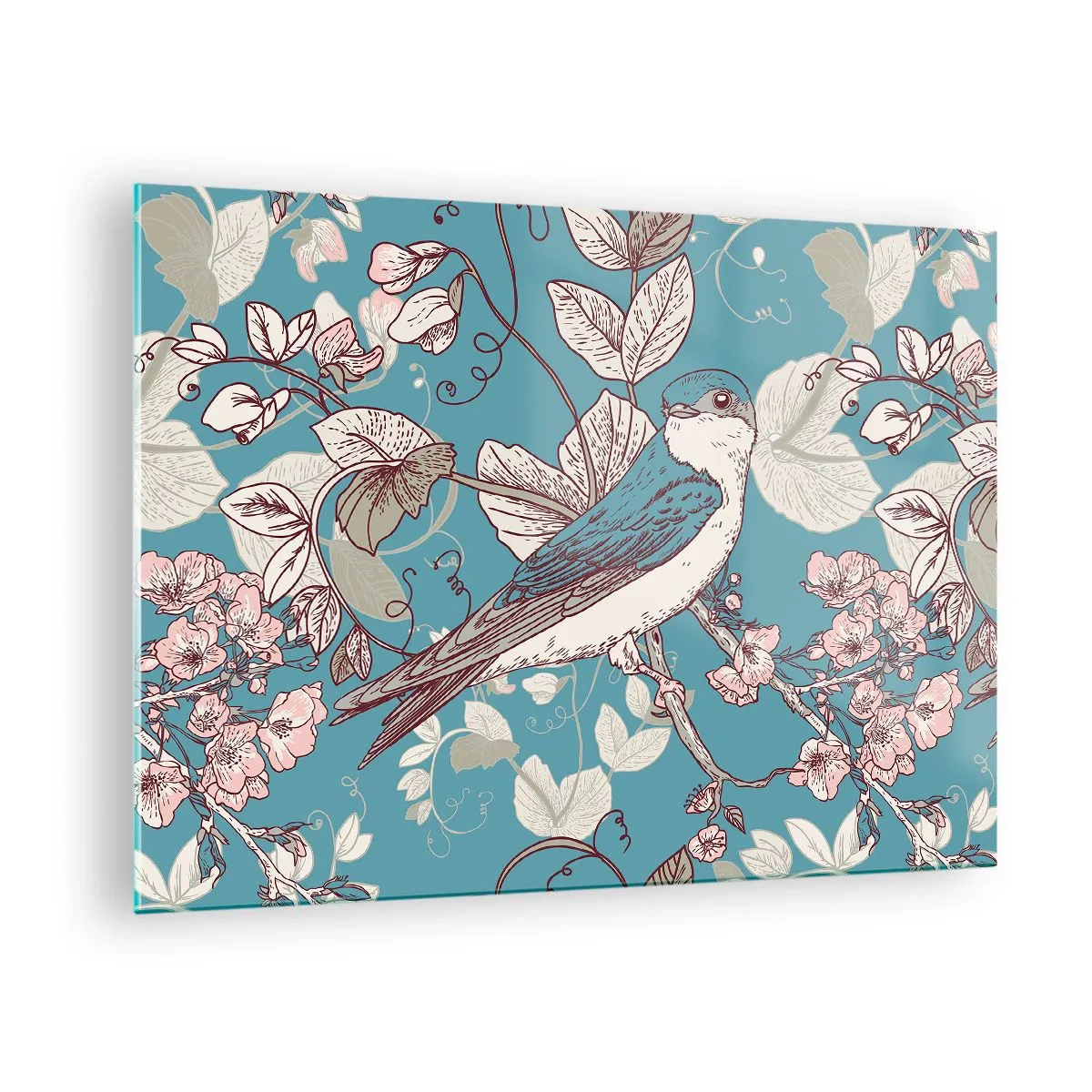 Cuadro sobre vidrio - Impresiones sobre Vidrio - Un pájaro en una rama entre flores sobre un fondo turquesa. - 70x50cm - En el cerezo - Decoración de pared moderna para salón y dormitorio ARTTOR