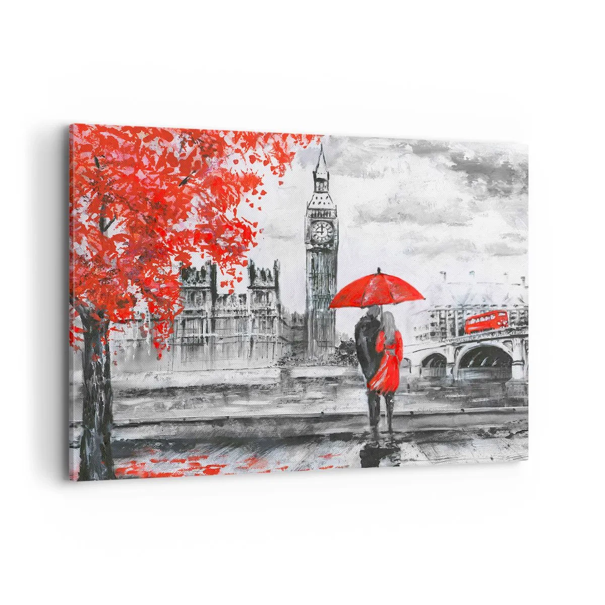 Cuadro sobre lienzo - Impresión de Imagen - Escena romántica con el Big Ben y un paraguas rojo. - 120x80cm - Londres enamora - Decoración de pared moderna para salón y dormitorio ARTTOR
