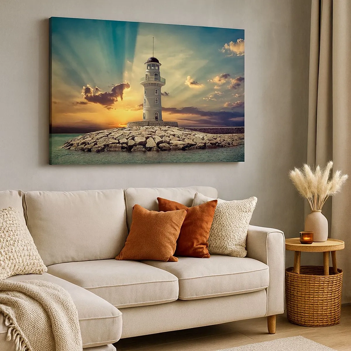 Cuadro sobre lienzo - Impresión de Imagen - Un faro al atardecer contra el cielo. - 70x50cm - Luz - Bondad - Belleza - Decoración de pared moderna para salón y dormitorio ARTTOR