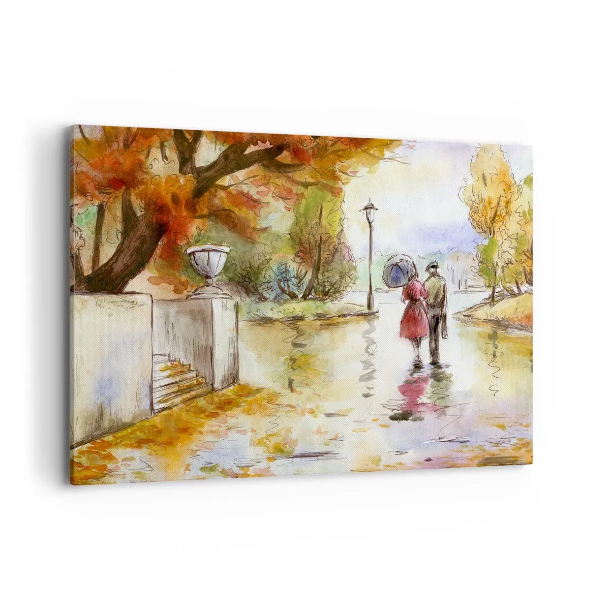 Cuadro sobre lienzo - Impresión de Imagen - Un paseo por el parque de otoño con un paraguas. - 100x70cm - Un otoño romántico en el parque - Decoración de pared moderna para salón y dormitorio ARTTOR