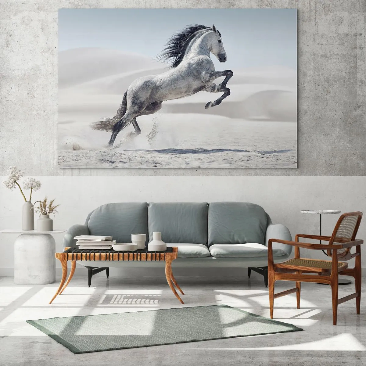 Cuadro sobre vidrio - Impresiones sobre Vidrio - Un caballo blanco saltando con el telón de fondo de las dunas del desierto. - 100x70cm - Un príncipe árabe - Decoración de pared moderna para salón y dormitorio ARTTOR