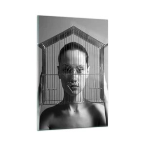 Cuadro sobre vidrio - Impresiones sobre Vidrio - Mujer detrás de una jaula en un estilo surrealista. - 80x120cm - Un retrato algo surrealista - Decoración de pared moderna para salón y dormitorio ARTTOR