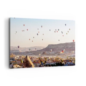 Cuadro sobre lienzo - Impresión de Imagen - Capadocia con globos con el telón de fondo de pintorescas colinas. - 100x70cm - Surcando los cielos - Decoración de pared moderna para salón y dormitorio ARTTOR
