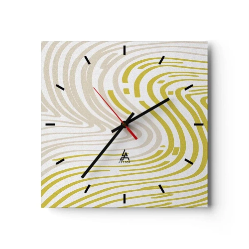 Reloj de pared - Reloj de vidrio - Un patrón abstracto con líneas onduladas en tonos amarillo y beige. - 30x30cm - Composición curvada - Decoración de pared moderna para salón y dormitorio ARTTOR