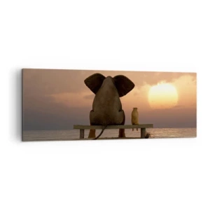 Cuadro sobre lienzo - Impresión de Imagen - Un elefante y un perro están sentados en un banco en la playa durante el atardecer. - 140x50cm - Es bueno estar en silencio juntos - Decoración de pared moderna para salón y dormitorio ARTTOR