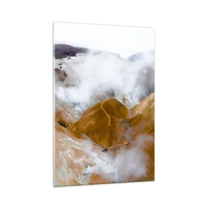 Cuadro sobre vidrio - Impresiones sobre Vidrio - Un paisaje de montaña con vapor en un clima duro. - 80x120cm - La dura belleza de Islandia - Decoración de pared moderna para salón y dormitorio ARTTOR