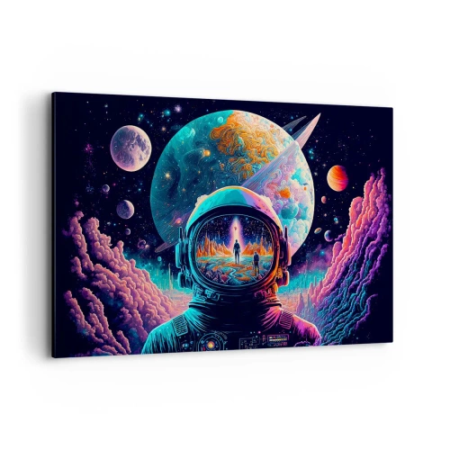 Cuadro sobre lienzo - Impresión de Imagen - Astronauta en el espacio con un colorido paisaje planetario. - 120x80cm - Sueños de niño - Decoración de pared moderna para salón y dormitorio ARTTOR