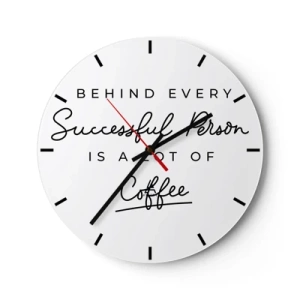 Reloj de pared - Reloj de vidrio - Un reloj blanco con una inscripción motivacional sobre el café. - 30x30cm - El secreto del éxito - Decoración de pared moderna para salón, cocina y dormitorio ARTTOR