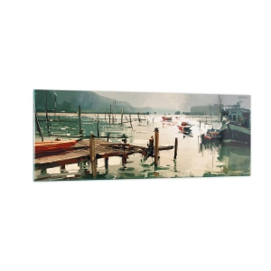 Cuadro sobre vidrio - Impresiones sobre Vidrio - Un puerto pintoresco con barcos en aguas tranquilas. - 140x50cm - Empapado en la luna fundida - Decoración de pared moderna para salón y dormitorio ARTTOR
