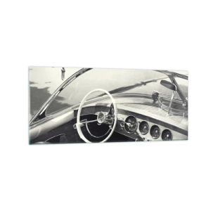 Cuadro sobre vidrio - Impresiones sobre Vidrio - Interior de coche clásico en estilo monocromático. - 120x50cm - Tiempo para los ricos - Decoración de pared moderna para salón y dormitorio ARTTOR