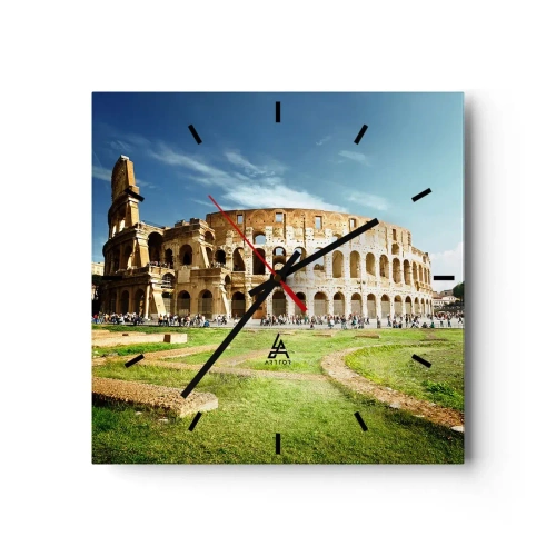 Reloj de pared - Reloj de vidrio - El Coliseo de Roma rodeado de vegetación y cielo azul. - 30x30cm - Todavía se oye el sonido de las armas - Decoración de pared moderna para salón y dormitorio ARTTOR
