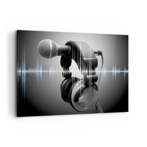 Cuadro sobre lienzo - Impresión de Imagen - Micrófono y auriculares con visualización de ondas sonoras de fondo. - 100x70cm - Todavía se puede escuchar el canto - Decoración de pared moderna para salón y dormitorio ARTTOR