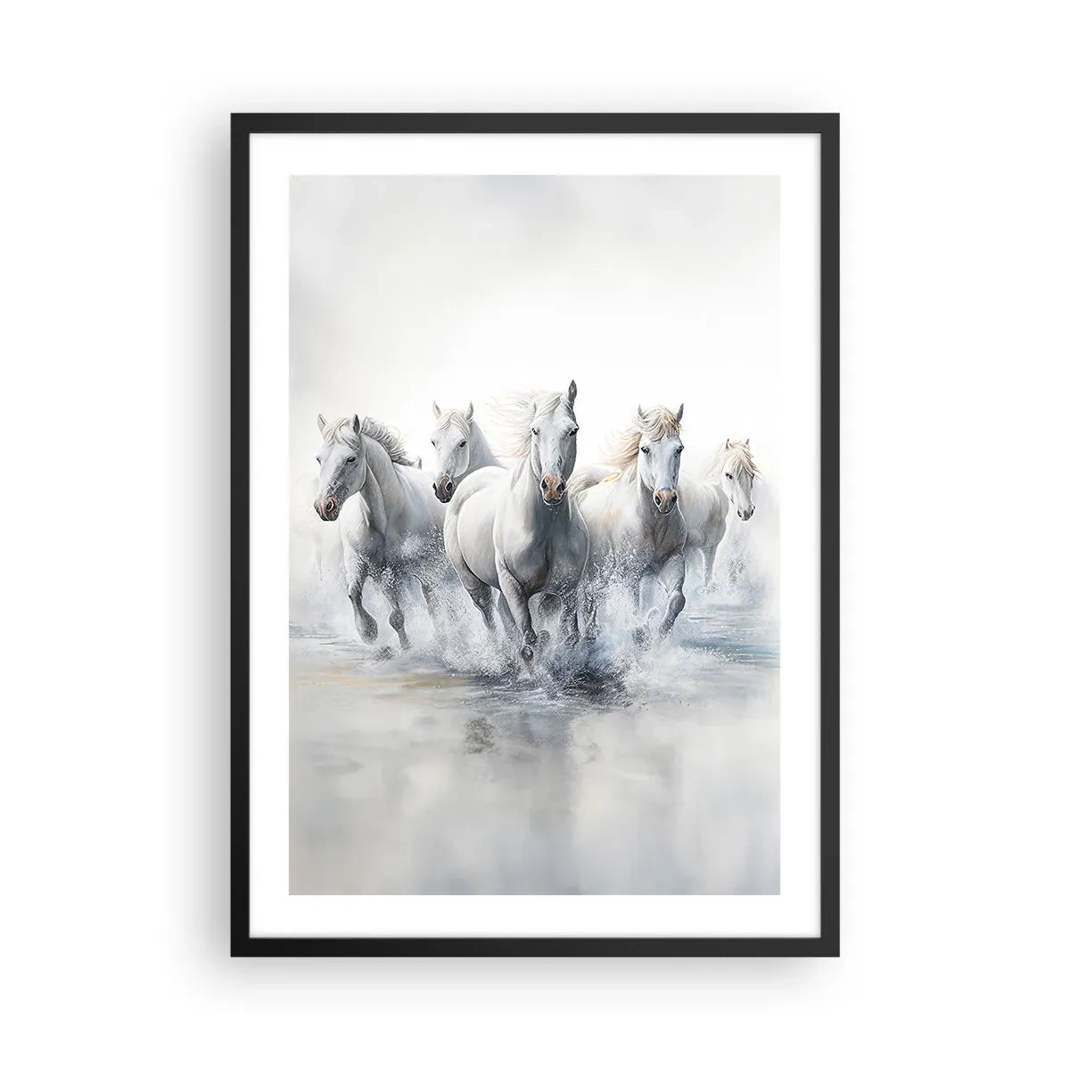 Póster en marco negro - Caballos blancos galopando a través del agua en un entorno dinámico - 50x70cm - Magia blanca - Decoración de pared moderna para salón y dormitorio ARTTOR