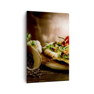 Cuadro sobre lienzo - Impresión de Imagen - Pizza con verduras sobre tabla de madera en estilo rústico - 80x120cm - Directamente del horno y del jardín - Decoración de pared moderna para salón y dormitorio ARTTOR