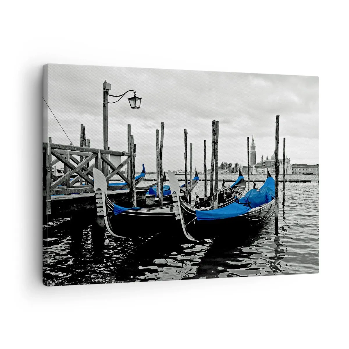 Cuadro sobre lienzo - Impresión de Imagen - Góndolas en Venecia con cubiertas azules - 70x50cm - Venecia en el pensamiento - Decoración de pared moderna para salón y dormitorio ARTTOR