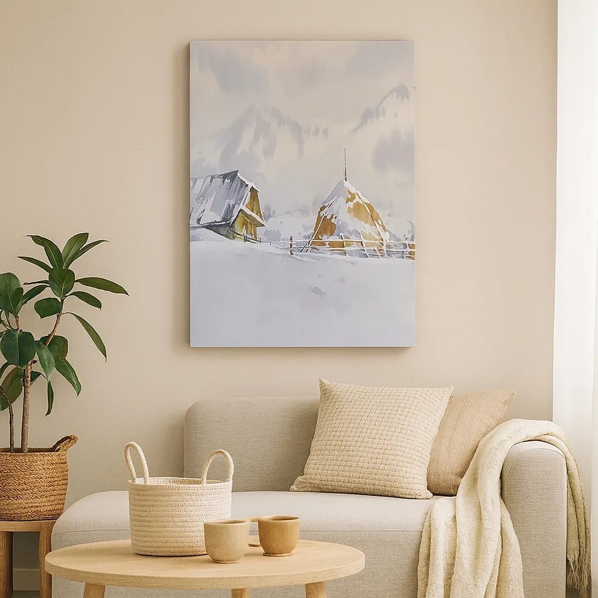 Cuadro sobre lienzo - Impresión de Imagen - Paisaje invernal con una cabaña y pajares en las montañas - 50x70cm - En un valle nevado - Decoración de pared moderna para salón y dormitorio ARTTOR