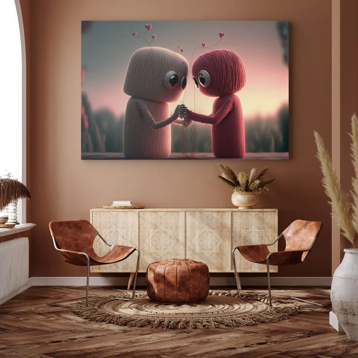 Cuadro sobre lienzo - Impresión de Imagen - Personajes de hilo en un encantador entorno con temática de corazones. - 100x70cm - Todo el mundo puede amar - Decoración de pared moderna para salón y dormitorio ARTTOR