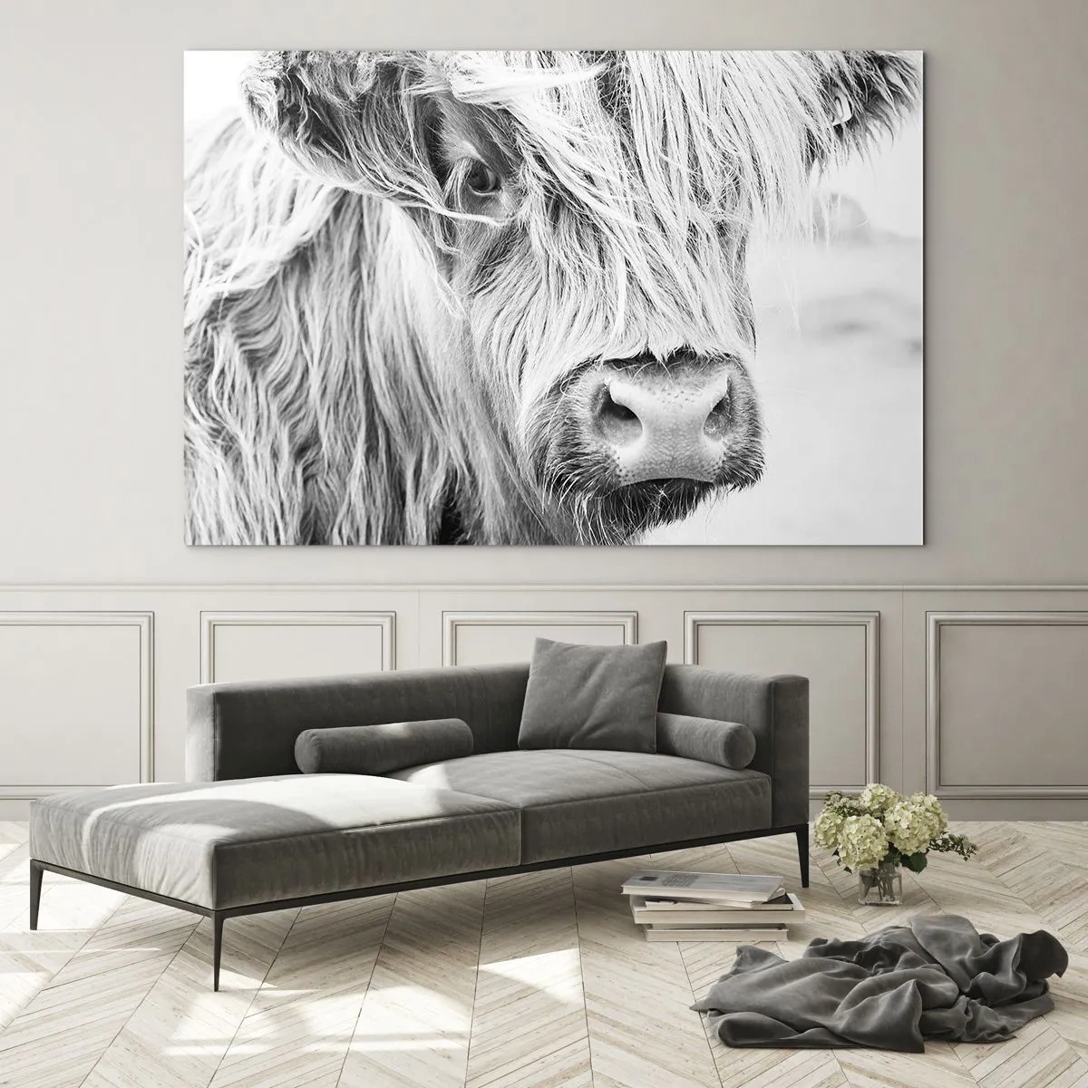 Cuadro sobre vidrio - Impresiones sobre Vidrio - Primer plano de un ganado escocés de pelo largo en blanco y negro - 70x50cm - La naturaleza escocesa - Decoración de pared moderna para salón y dormitorio ARTTOR