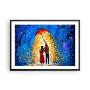 Póster en marco negro - Una pareja bajo un paraguas rojo bajo la lluvia luminosa. - 70x50cm - La magia de una tarde lluviosa - Decoración de pared moderna para salón y dormitorio ARTTOR