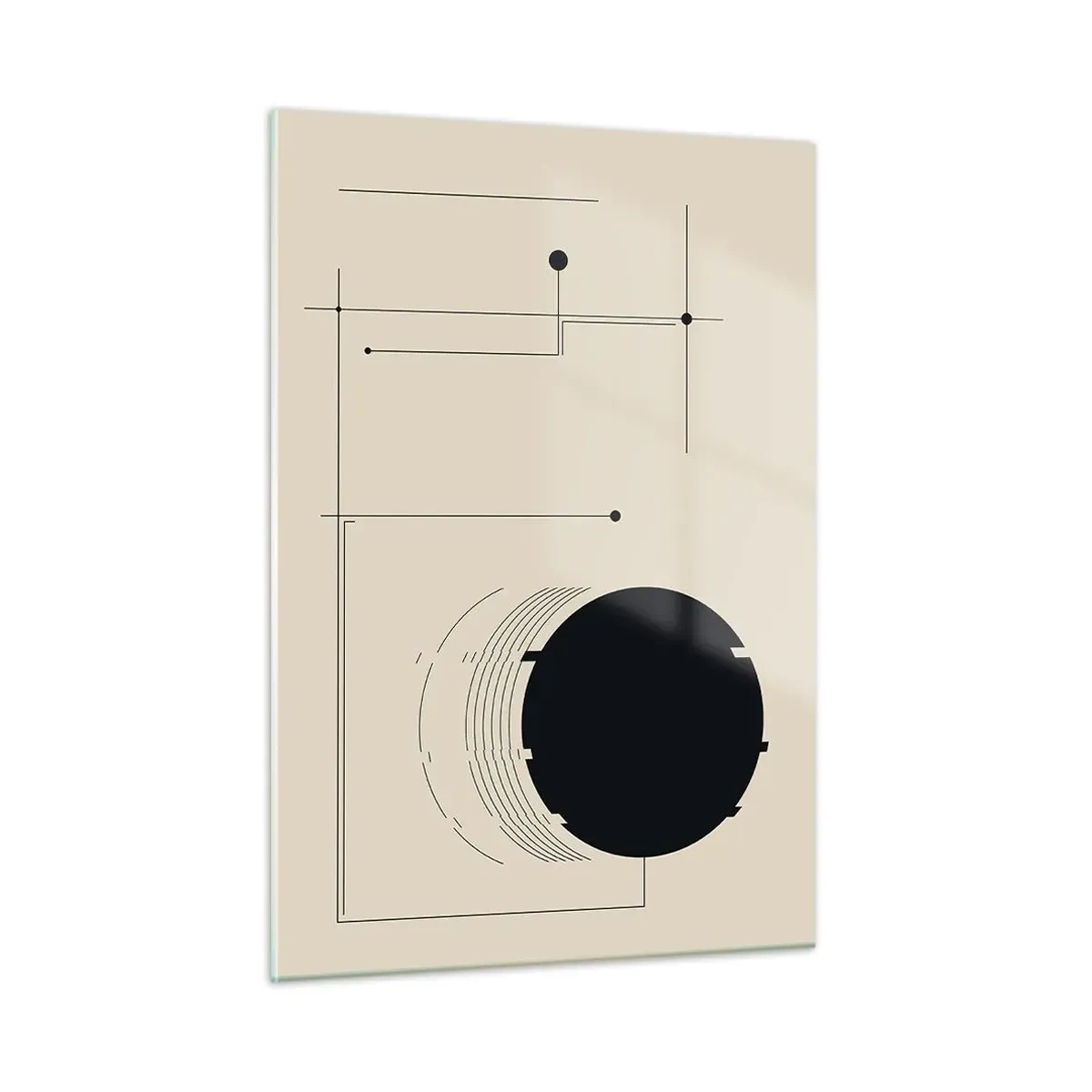 Cuadro sobre vidrio - Impresiones sobre Vidrio - Composición abstracta con un círculo negro y líneas geométricas. - 50x70cm - Composición elástica y dinámica - Decoración de pared moderna para salón y dormitorio ARTTOR