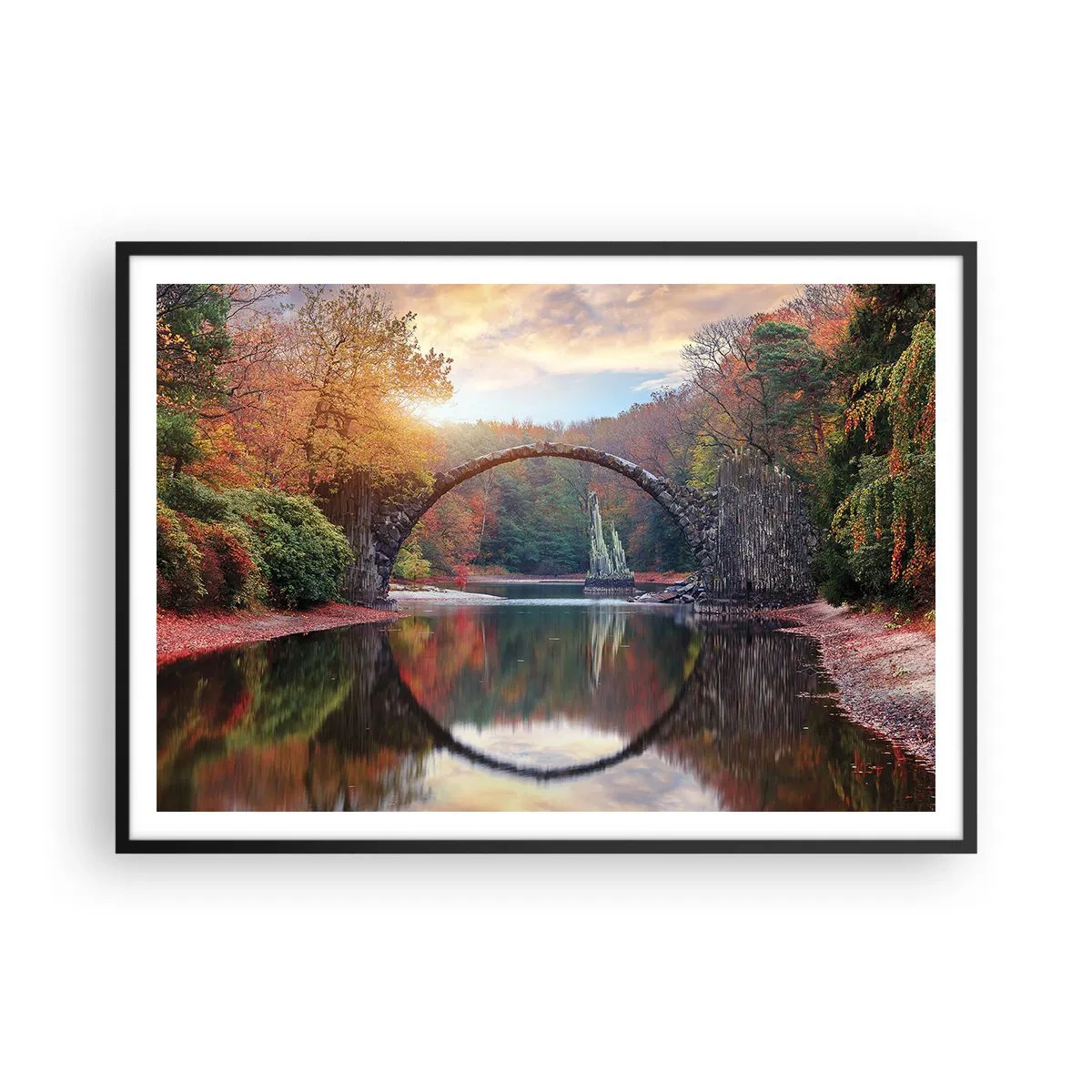 Póster en marco negro - Un puente de piedra en un paisaje otoñal sobre aguas tranquilas. - 100x70cm - Al otro lado del espejo - Decoración de pared moderna para salón y dormitorio ARTTOR
