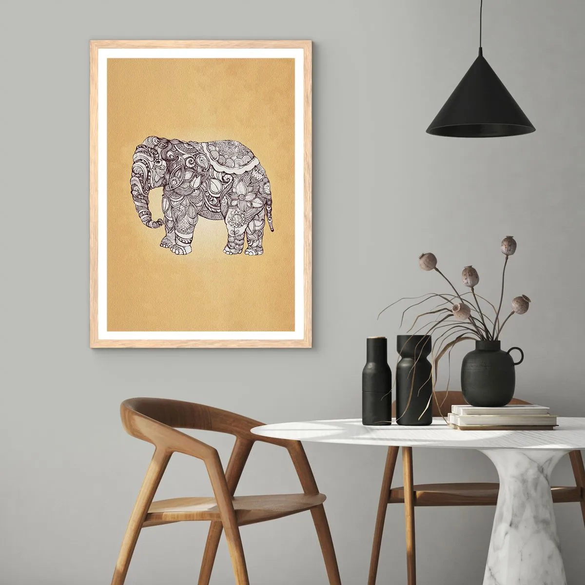 Póster en marco roble claro - El elefante decorado - 30x40 cm