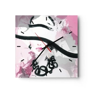Reloj de pared - Reloj de vidrio - Retrato de una dama en negro y rosa - 40x40 cm