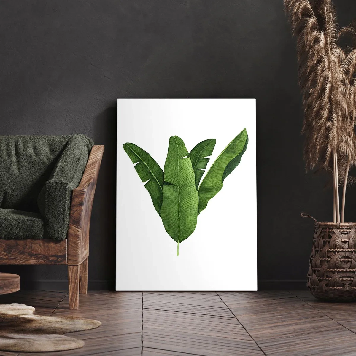 Cuadro sobre lienzo - Impresión de Imagen - Tres hojas de plátano en un enfoque artístico - 50x70cm - Simetría verde - Decoración de pared moderna para salón y dormitorio ARTTOR
