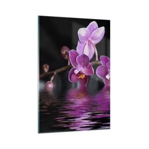 Cuadro sobre vidrio - Impresiones sobre Vidrio - Orquídeas moradas sobre aguas tranquilas contra un fondo negro. - 80x120cm - Un reflejo lila de la belleza - Decoración de pared moderna para salón y dormitorio ARTTOR