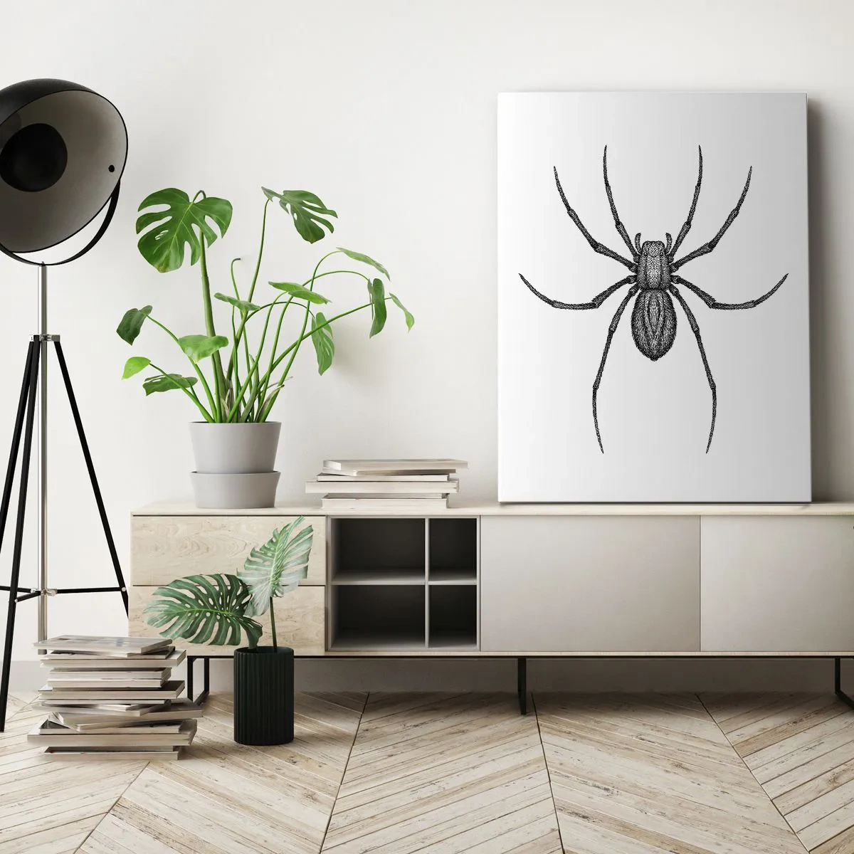 Cuadro sobre lienzo - Impresión de Imagen - Detalle de una araña sobre un fondo blanco en estilo de dibujos animados. - 80x120cm - Precisión inquietante - Decoración de pared moderna para salón y dormitorio ARTTOR