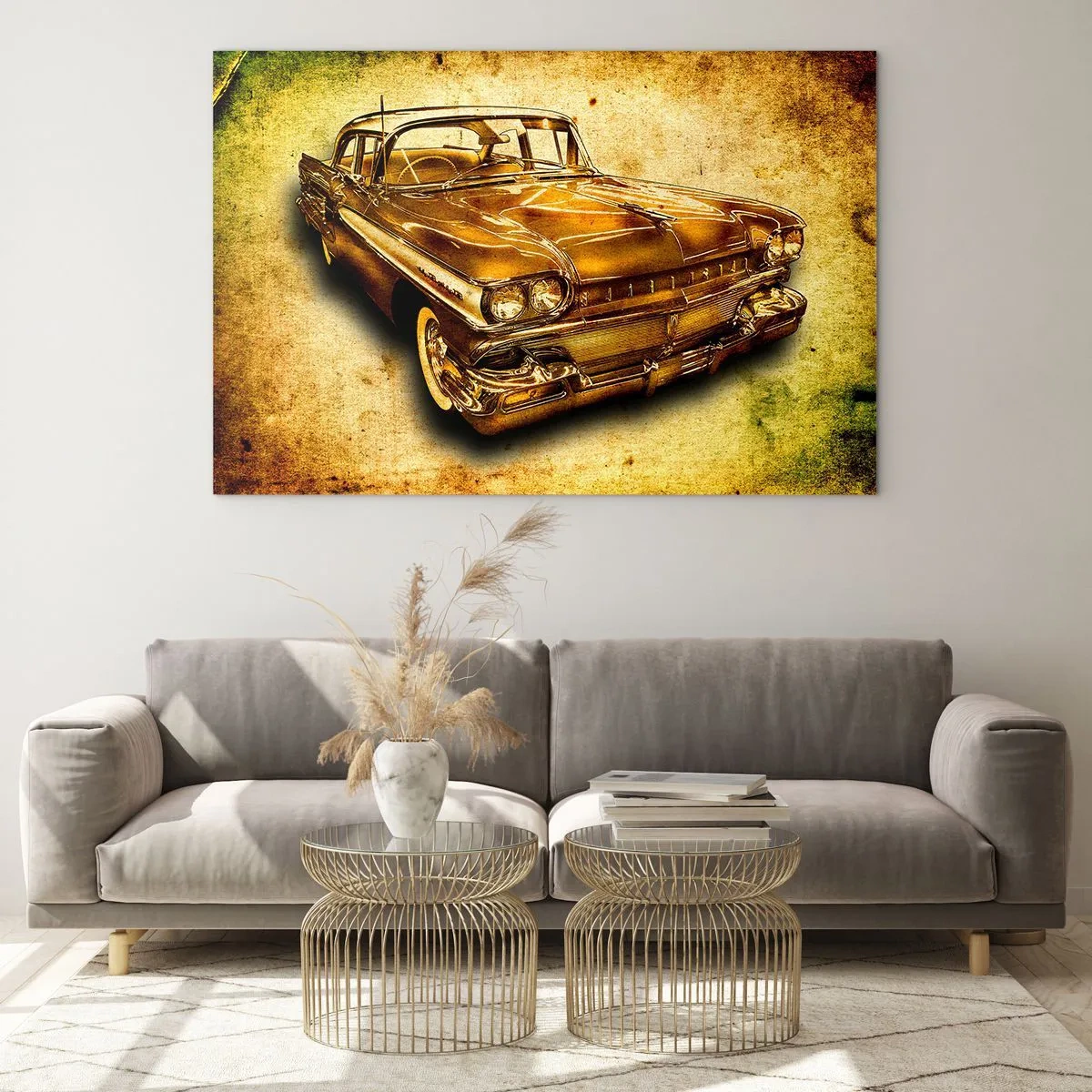 Cuadro sobre vidrio - Impresiones sobre Vidrio - Un coche clásico con un fondo vintage. - 70x50cm - La belleza perdurable de los clásicos - Decoración de pared moderna para salón y dormitorio ARTTOR