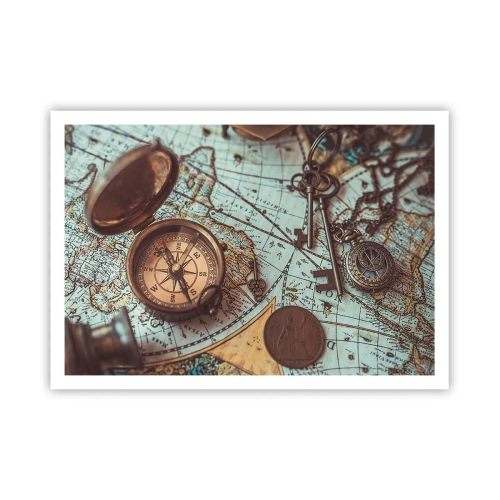 Póster - Composición con brújula, llaves y un mapa antiguo en estilo retro - 100x70cm - Para el aventurero - Decoración de pared moderna para salón y dormitorio ARTTOR