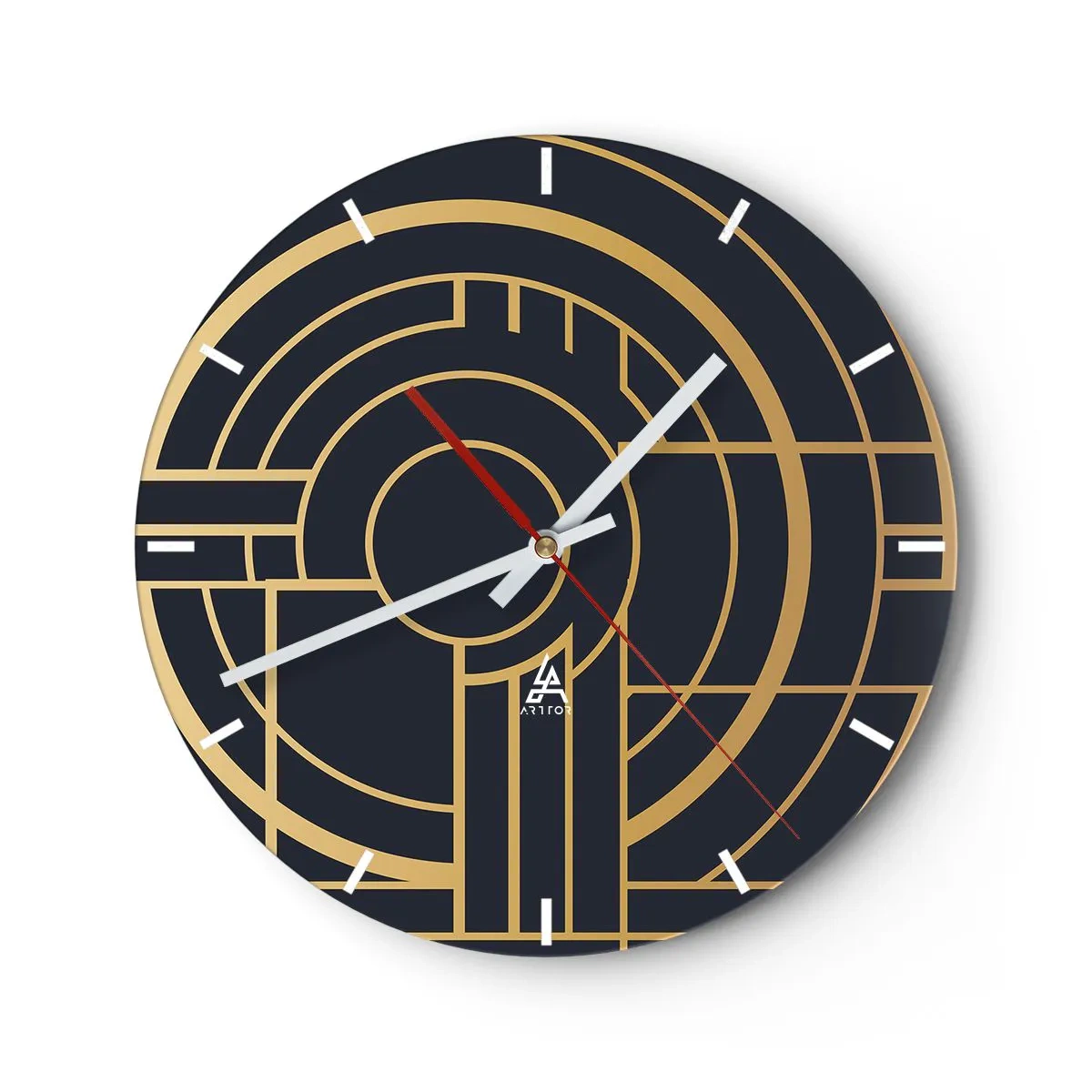 Reloj de pared - Reloj de vidrio - Composición geométrica dorada y negra con un patrón concéntrico. - 30x30cm - Giro de los elementos - Decoración de pared moderna para salón, cocina y dormitorio ARTTOR