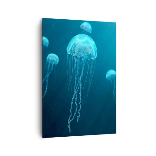 Cuadro sobre lienzo - Impresión de Imagen - Medusas flotando en las profundidades del océano en tonos azules. - 70x100cm - Danza oceánica - Decoración de pared moderna para salón y dormitorio ARTTOR
