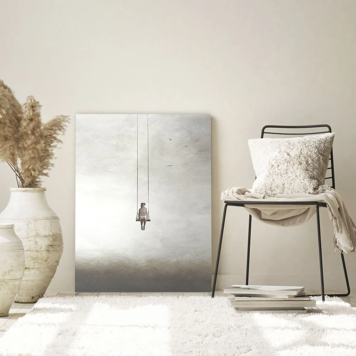Cuadro sobre vidrio - Impresiones sobre Vidrio - Una figura en un columpio suspendido en el cielo. - 50x70cm - El niño que llevamos dentro - Decoración de pared moderna para salón y dormitorio ARTTOR