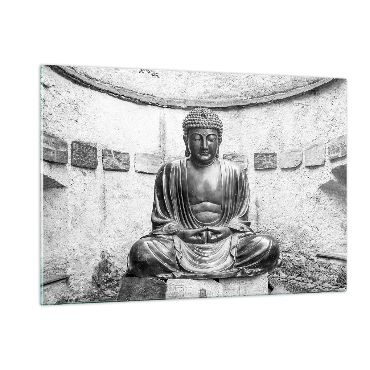 Cuadro sobre vidrio - Impresiones sobre Vidrio - Estatua en blanco y negro de Buda en pose meditativa. - 120x80cm - En la fuente de la paz - Decoración de pared moderna para salón y dormitorio ARTTOR