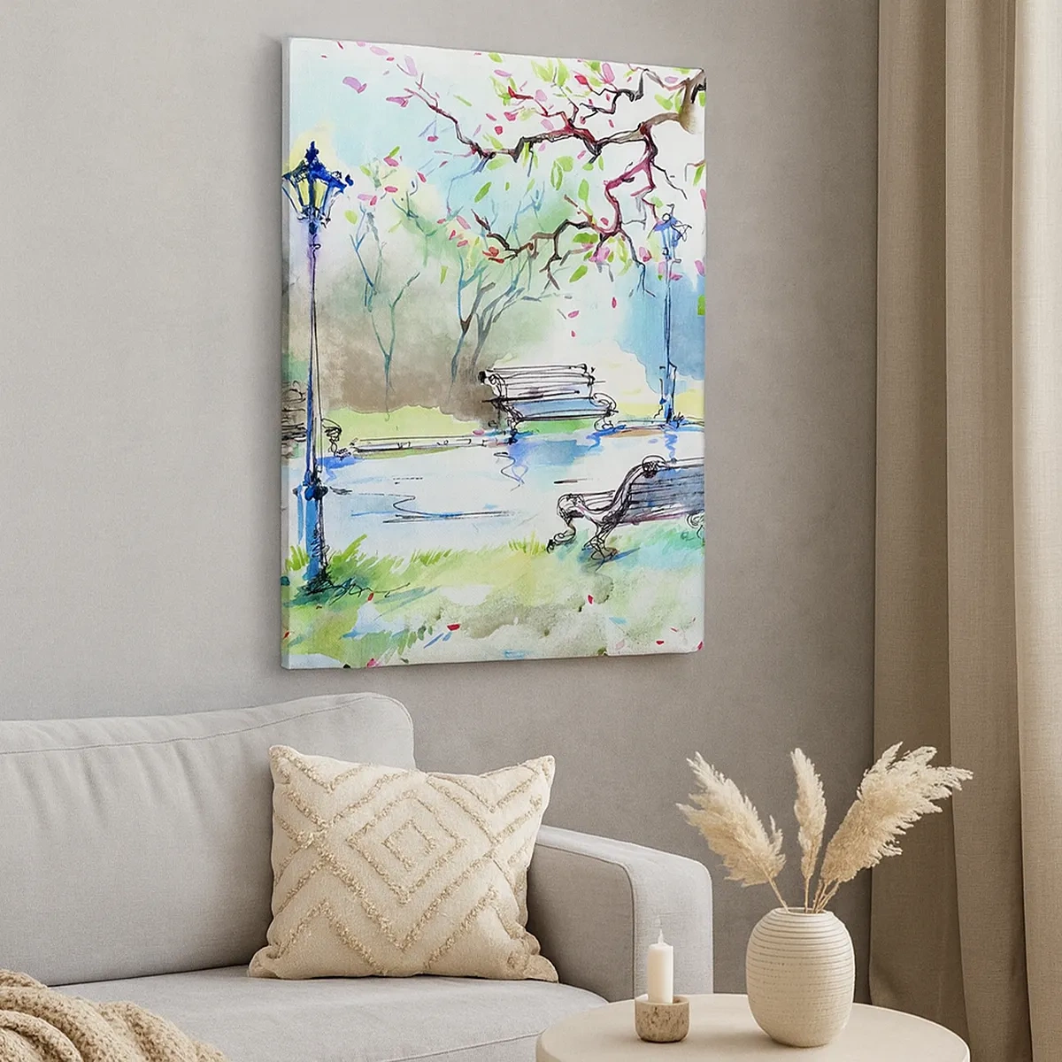 Cuadro sobre lienzo - Impresión de Imagen - Escena de parque de acuarela con bancos y lámparas. - 50x70cm - El encanto del silencio del parque - Decoración de pared moderna para salón y dormitorio ARTTOR