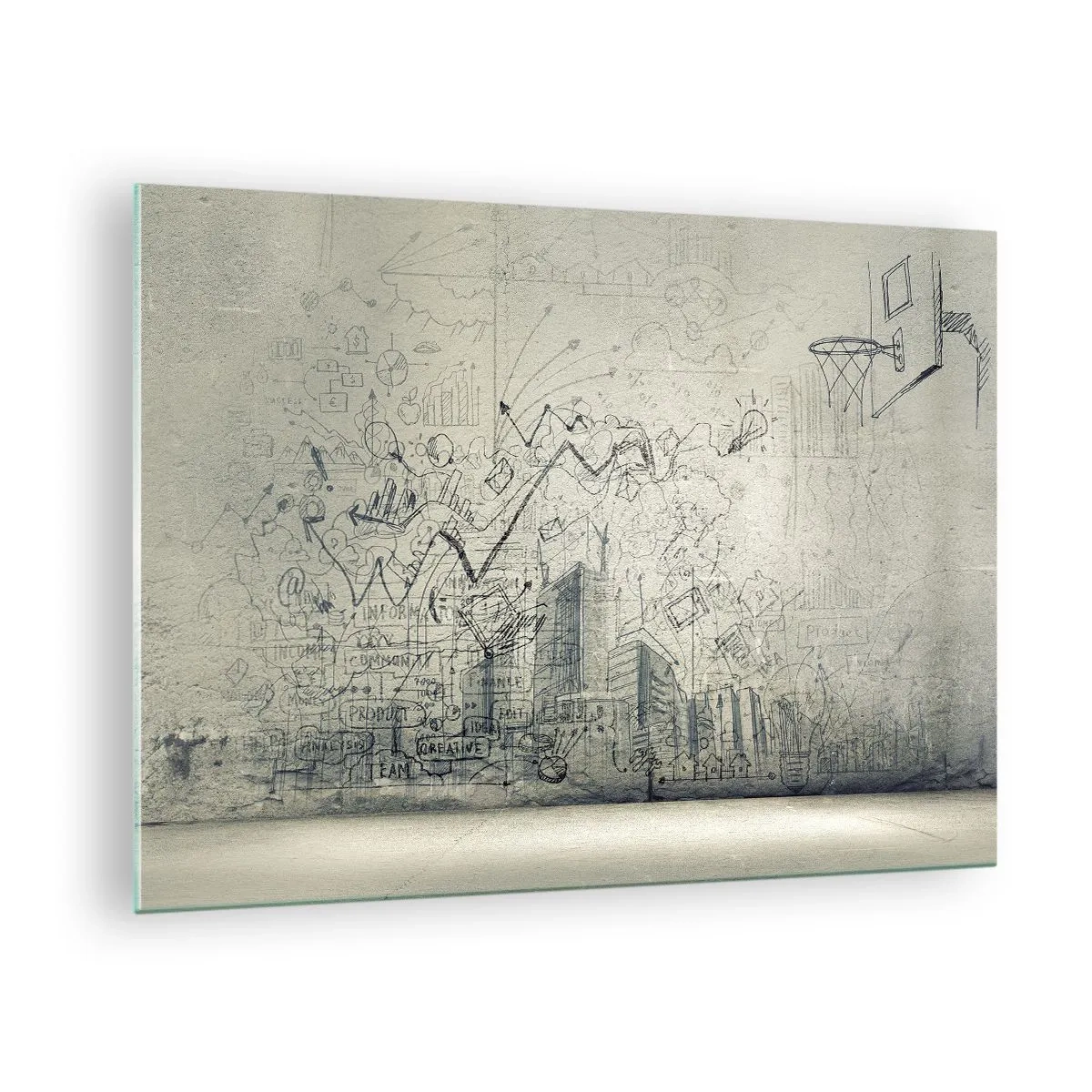 Cuadro sobre vidrio - Impresiones sobre Vidrio - Boceto gráfico con elementos empresariales y creativos. - 70x50cm - Mi gloriosa vida en la ciudad - Decoración de pared moderna para salón y dormitorio ARTTOR