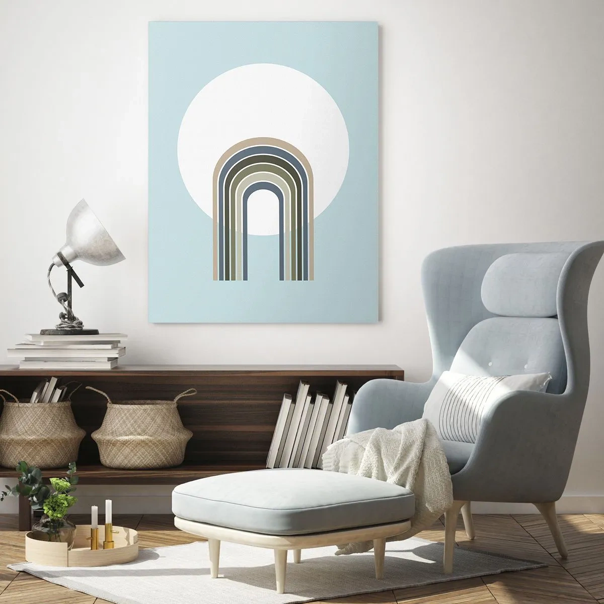 Cuadro sobre vidrio - Impresiones sobre Vidrio - Una composición minimalista con un círculo y líneas sobre un fondo pastel. - 80x120cm - Una atracción irresistible - Decoración de pared moderna para salón y dormitorio ARTTOR