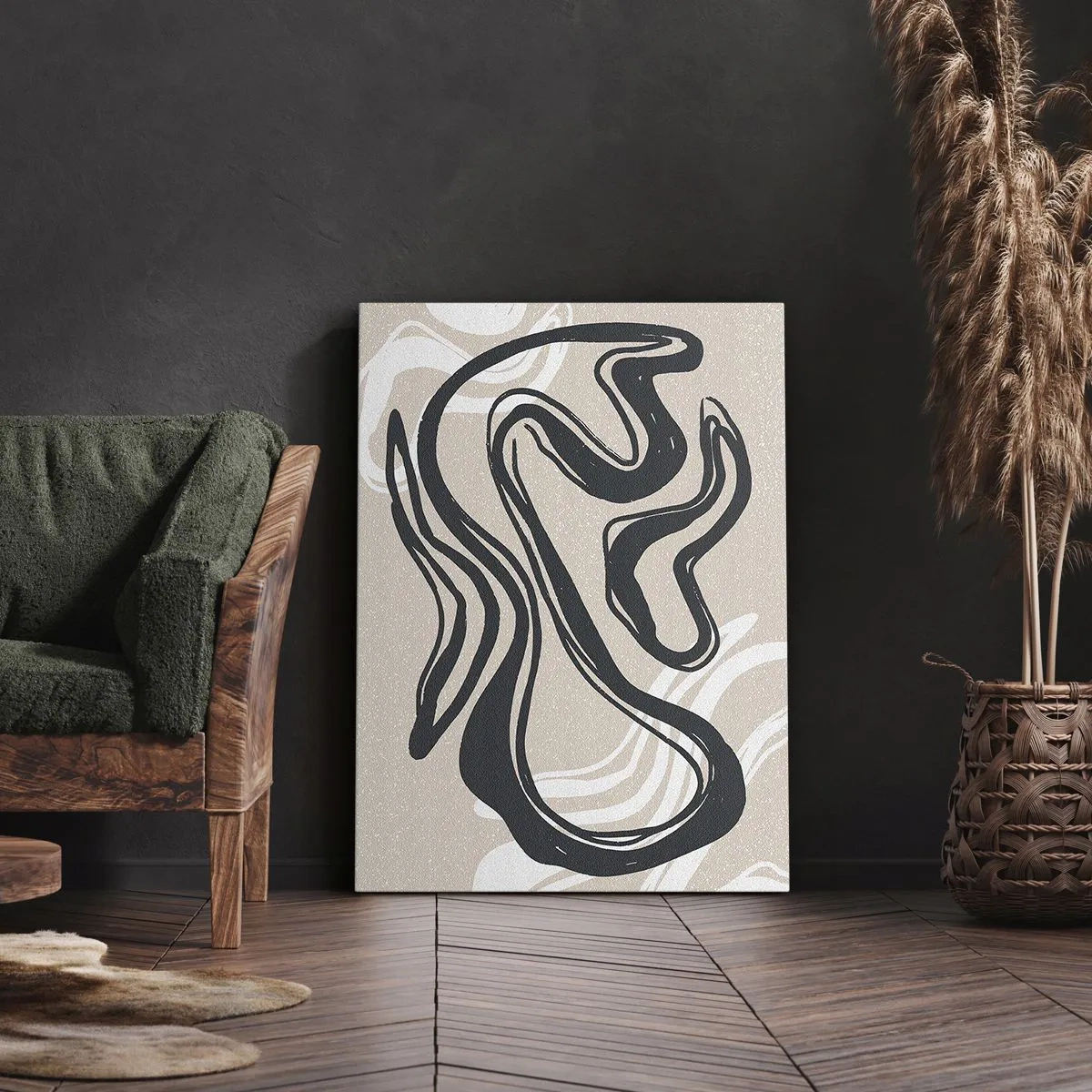 Cuadro sobre lienzo - Impresión de Imagen - Líneas abstractas en tonos oscuros sobre un fondo beige. - 50x70cm - Expresión multiplicada - Decoración de pared moderna para salón y dormitorio ARTTOR